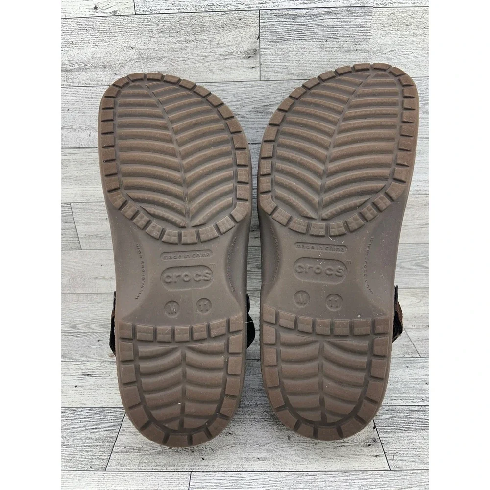 Crocs Yukon Sport Men Size 11 Brown Leather Overlay Clogs Adjustable Strap Shoes